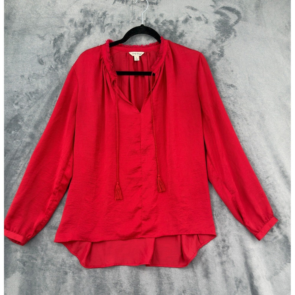 Lucky Brand Top Womens Size L Tassel Tie Fringe Boho High Low Red Lightweight